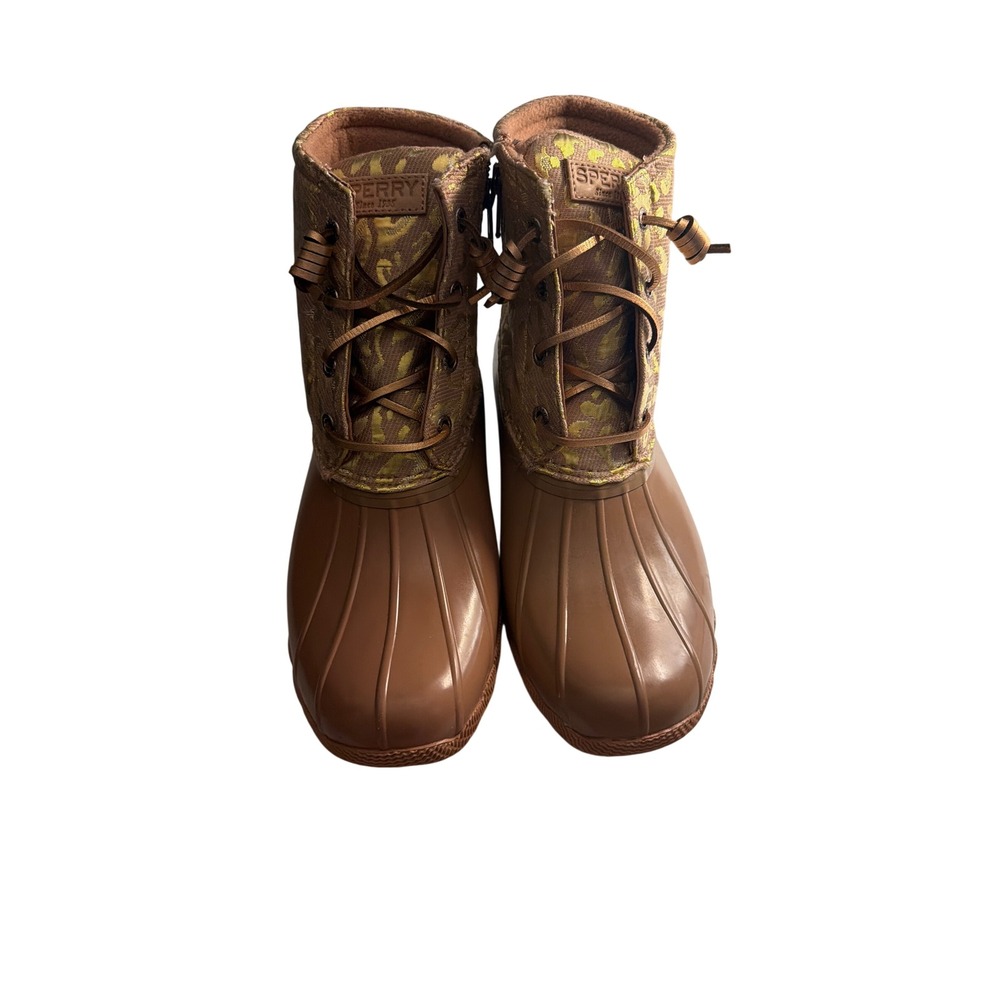 Sperry Saltwater Duck Boots Womens 9 Tan Metallic Gold Leopard STS87901
